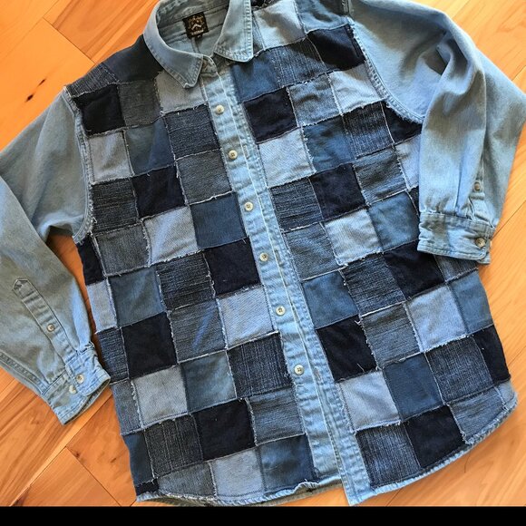 Table Rock Lake Map Patchwork Denim Jacket, Men M: Upcycled Handmade Distressed - Picture 7 of 10